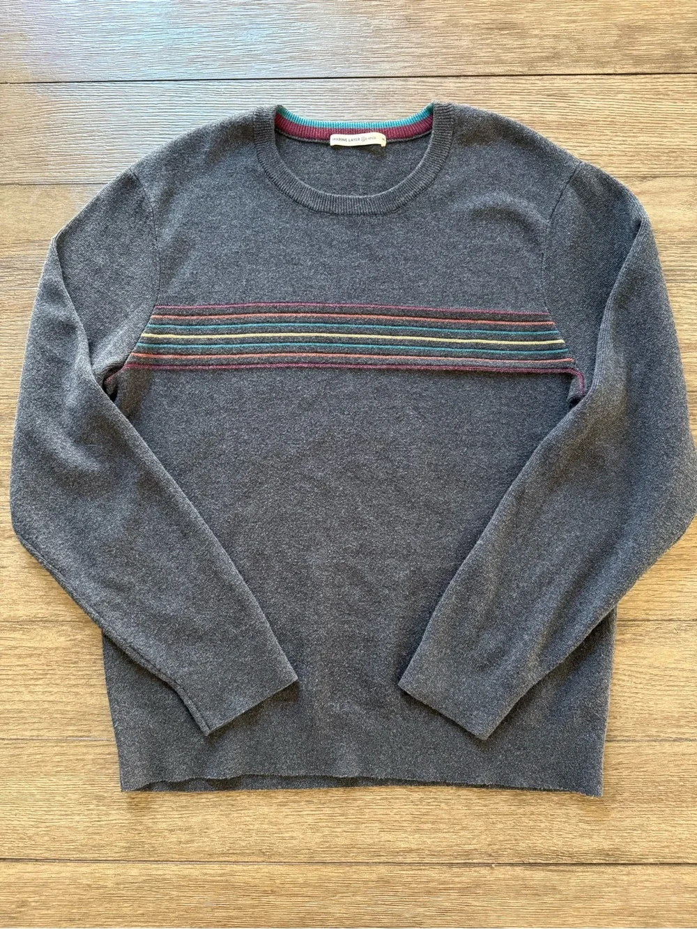 Marine Layer - Men's Gray Crewneck Sweater with Multicolor Stripe